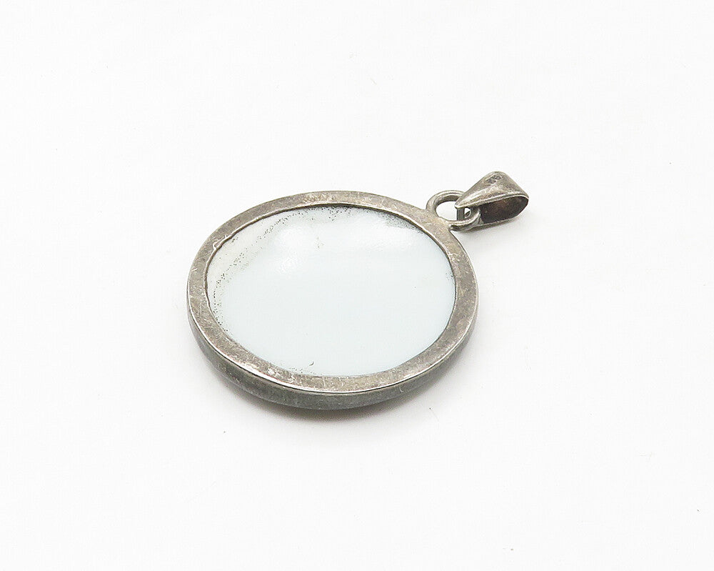 925 Sterling Silver Vintage Chinese Ceramic Art Round Drop Pendant PT14164