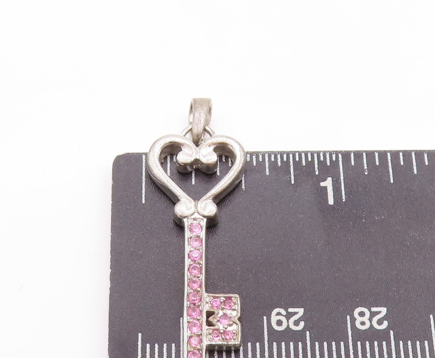 925 Sterling Silver Vintage Pendant Pink Topaz Inlay Key With Heart PT23343