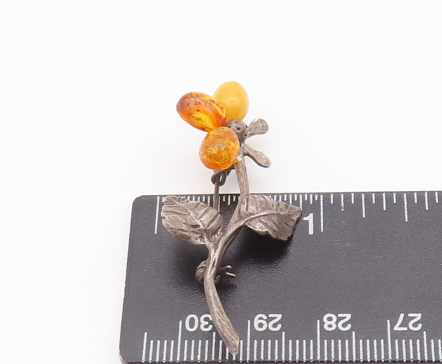 925 Sterling Silver Vintage Brooch Pin POLAND Amber Leaves Carved Flower BP10681