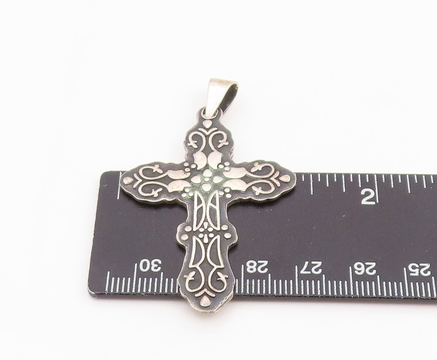 925 Sterling Silver Vintage Pendant MEXICO Engraved Religious Cross PT25948