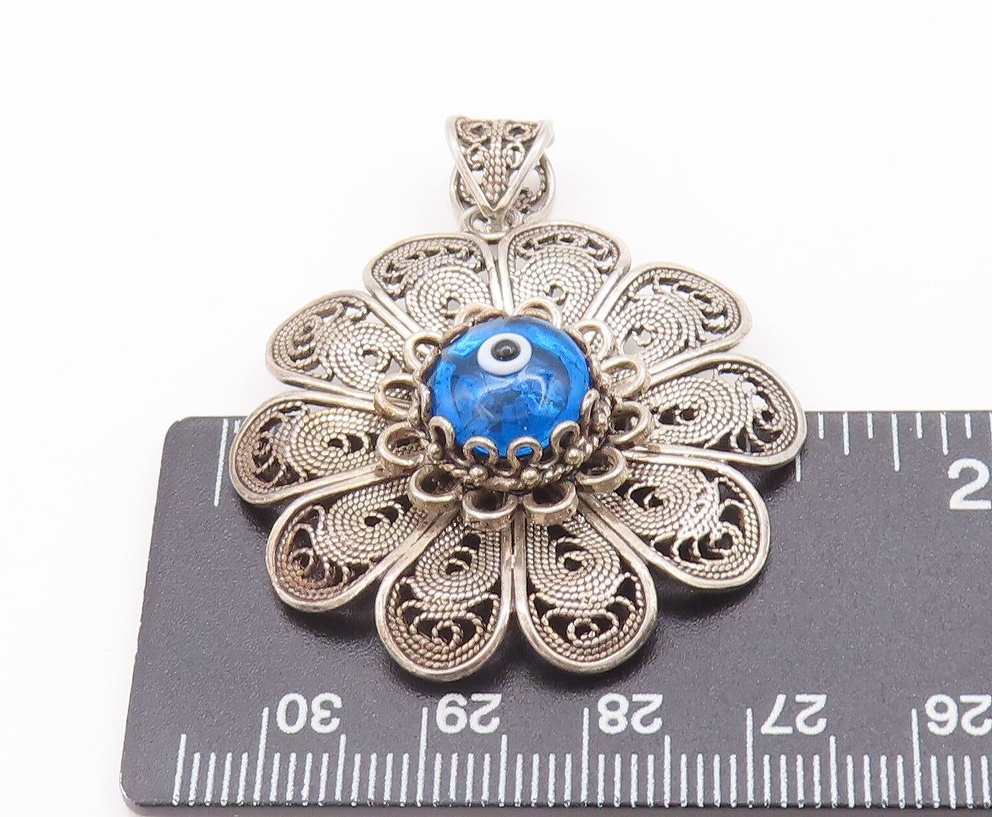 925 Sterling Silver Vintage Pendant Swirly Filigree Work Evil Eye Flower PT22707