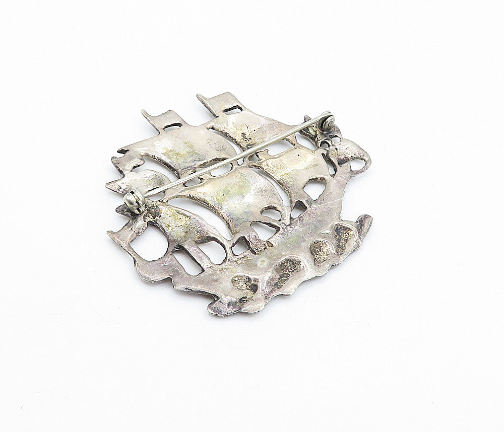 925 Sterling Silver Vintage Antique Brigantine Ship Motif Brooch Pin BP1285