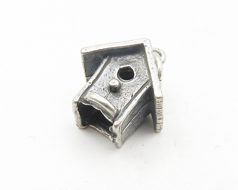925 Sterling Silver Vintage Petite Dark Tone Bird House Motif Pendant PT9236