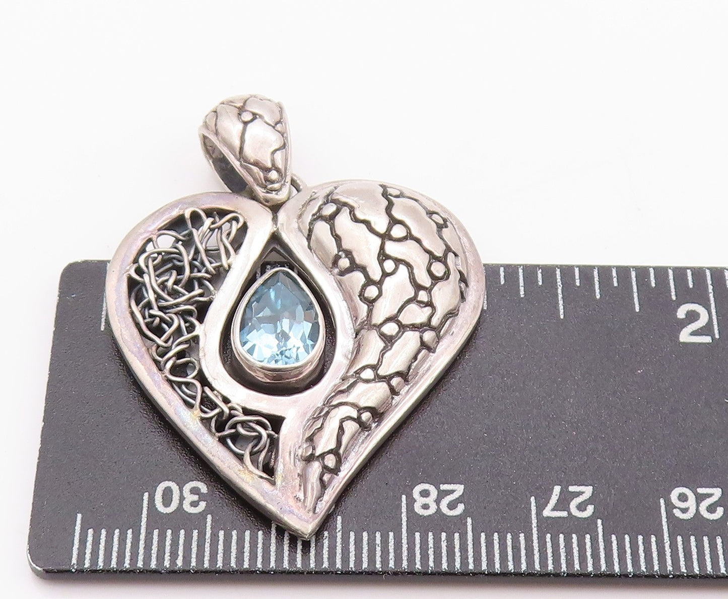 925 Sterling Silver Vintage Pendant Drop Cut Blue Topaz Carved Heart PT24009