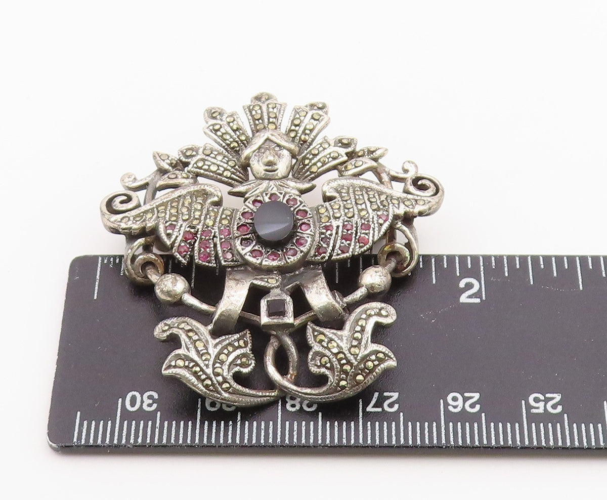 925 Sterling Silver Vintage Brooch Pin Onyx & Ruby Winged Goddess BP12590