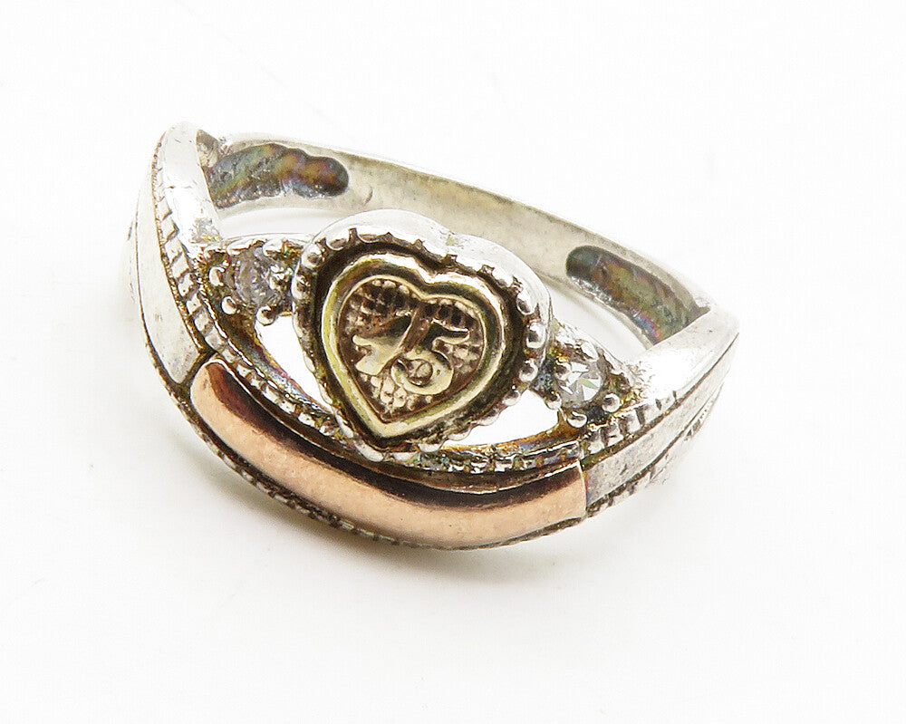 925 Silver & 14K Gold Vintage Topaz Love Heart Band Ring Sz 7.5 RG13740