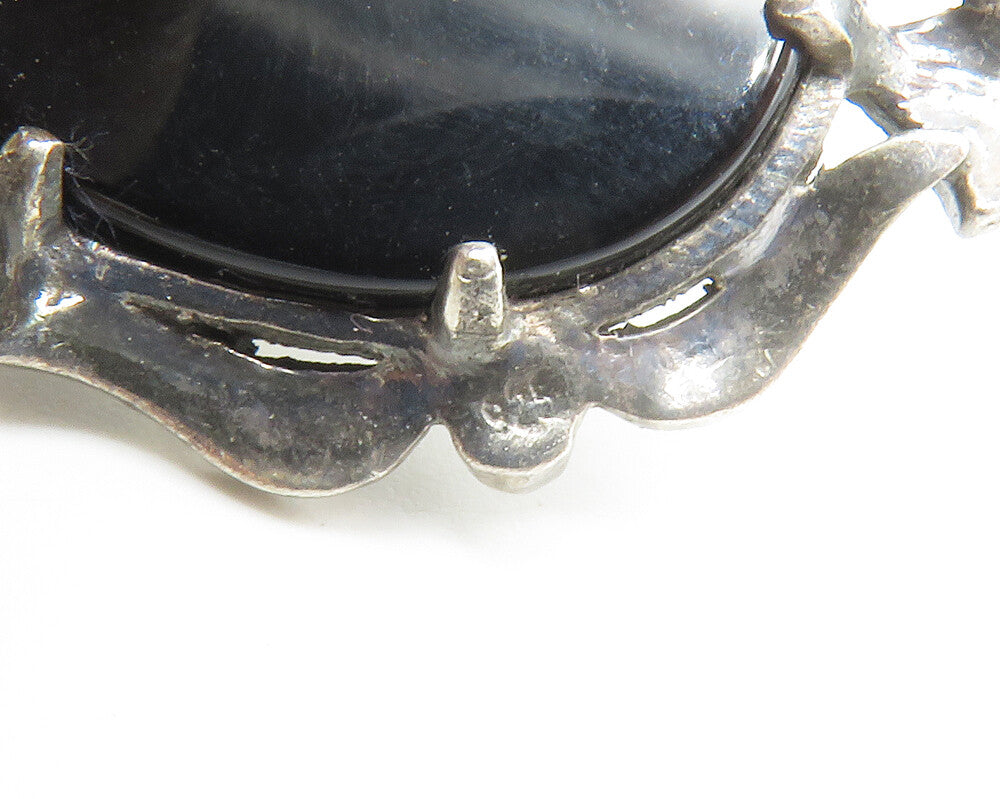 925 Sterling Silver Vintage Mother Of Pearl & Black Onyx Brooch Pin BP5386