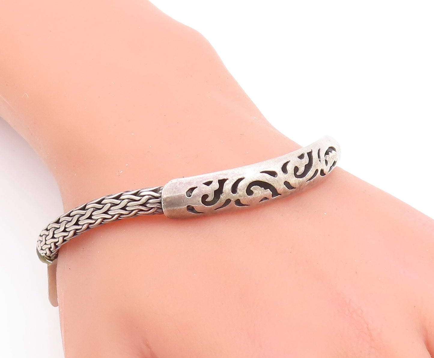 925 Sterling Silver Vintage Bracelet Solid Cutout Designs Breaded Band BT10678