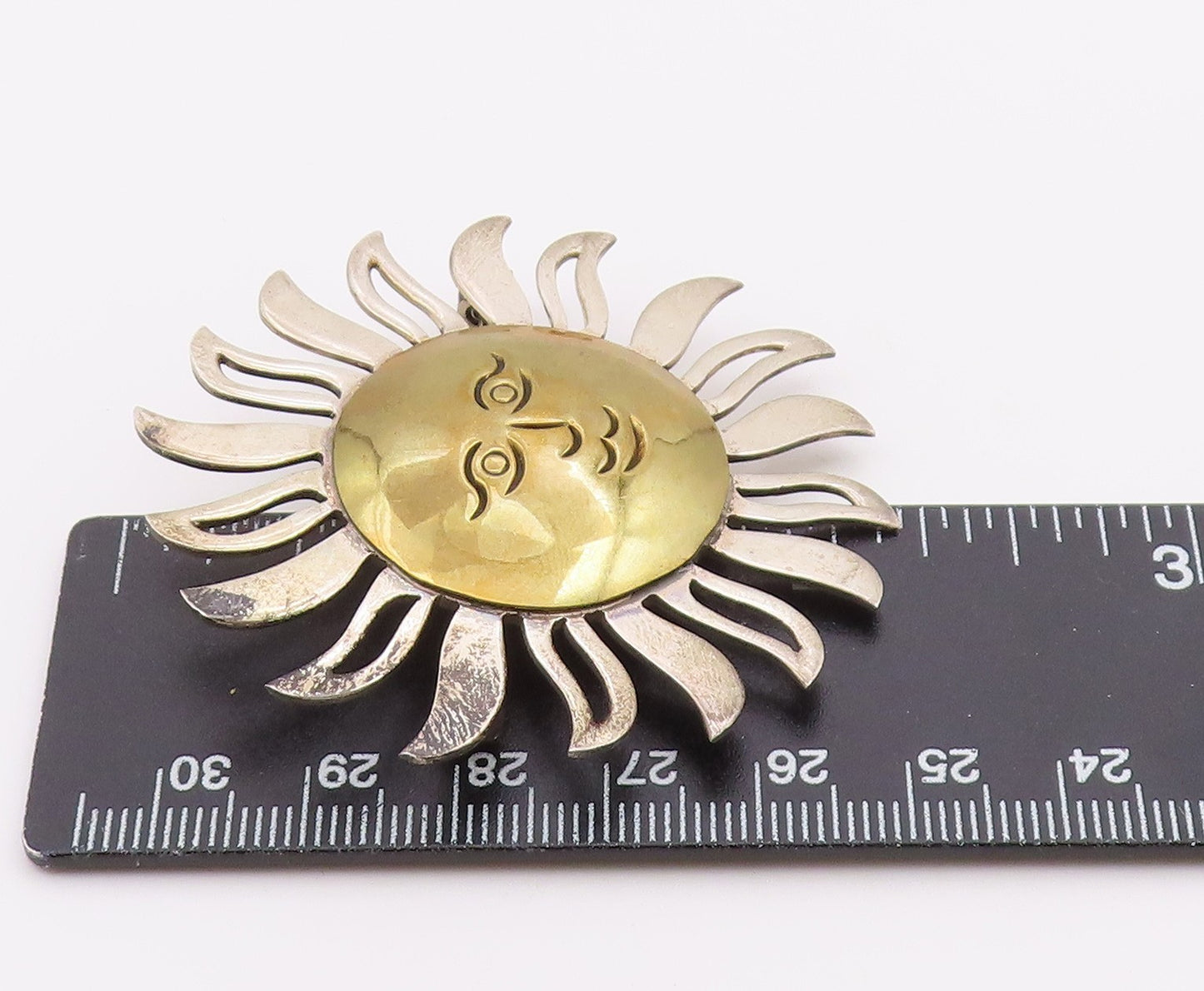 MEXICO 925 Sterling Silver Vintage Shiny Two Tone Sun Face Brooch Pin BP7963