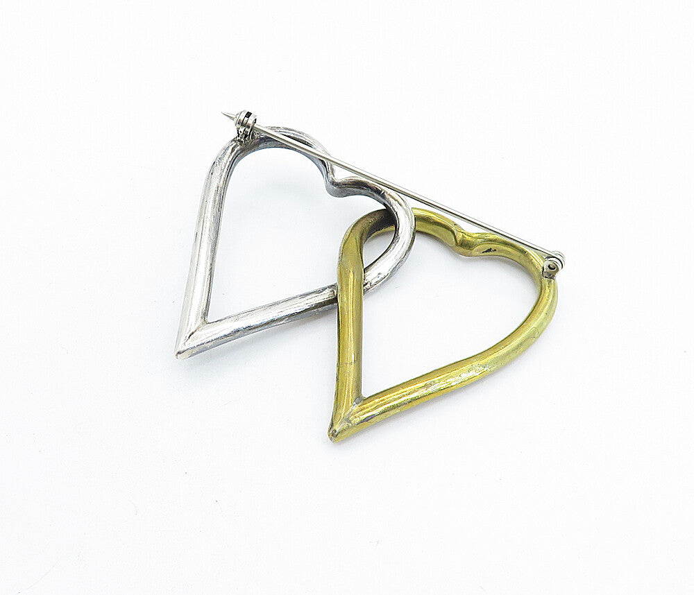 925 Sterling Silver Vintage Shiny 2 Tone Open Love Hearts Brooch Pin BP2245