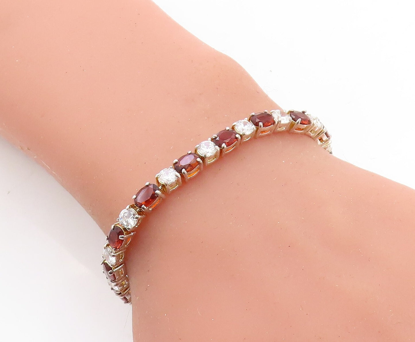 925 Sterling Silver Cubic Zirconia & Red Topaz Shiny Tennis Bracelet BT2164