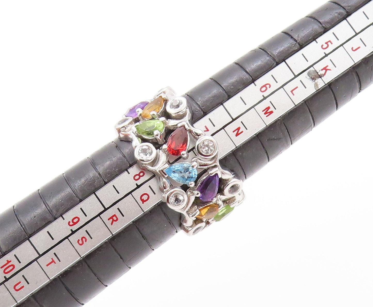 925 Sterling Silver Vintage Ring Brutalist Drop & Round Gemstones Sz 7.5 RG32680