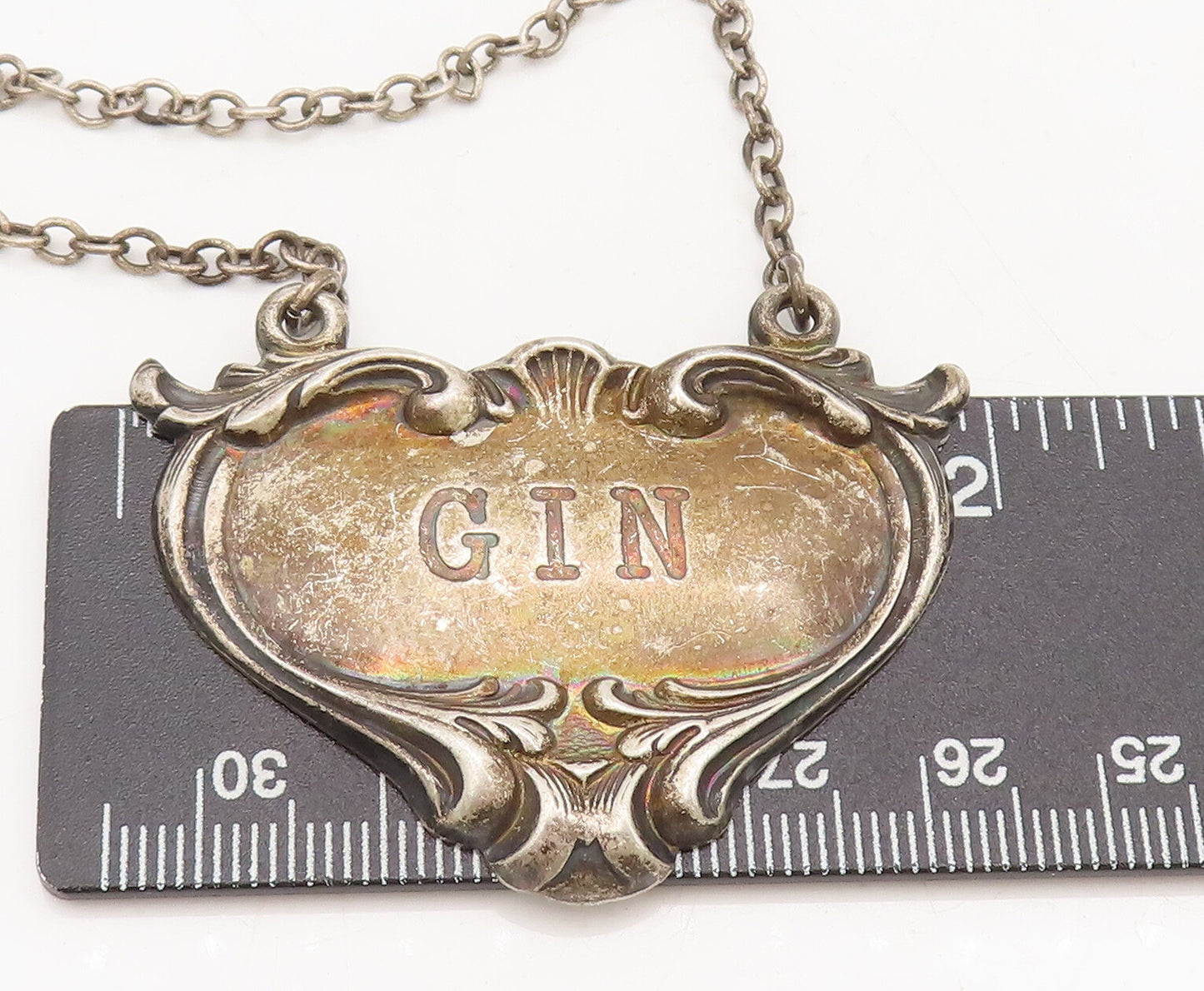925 Sterling Silver Vintage Bottle Tag Swirly Carved Heart Gin Tag TR3688