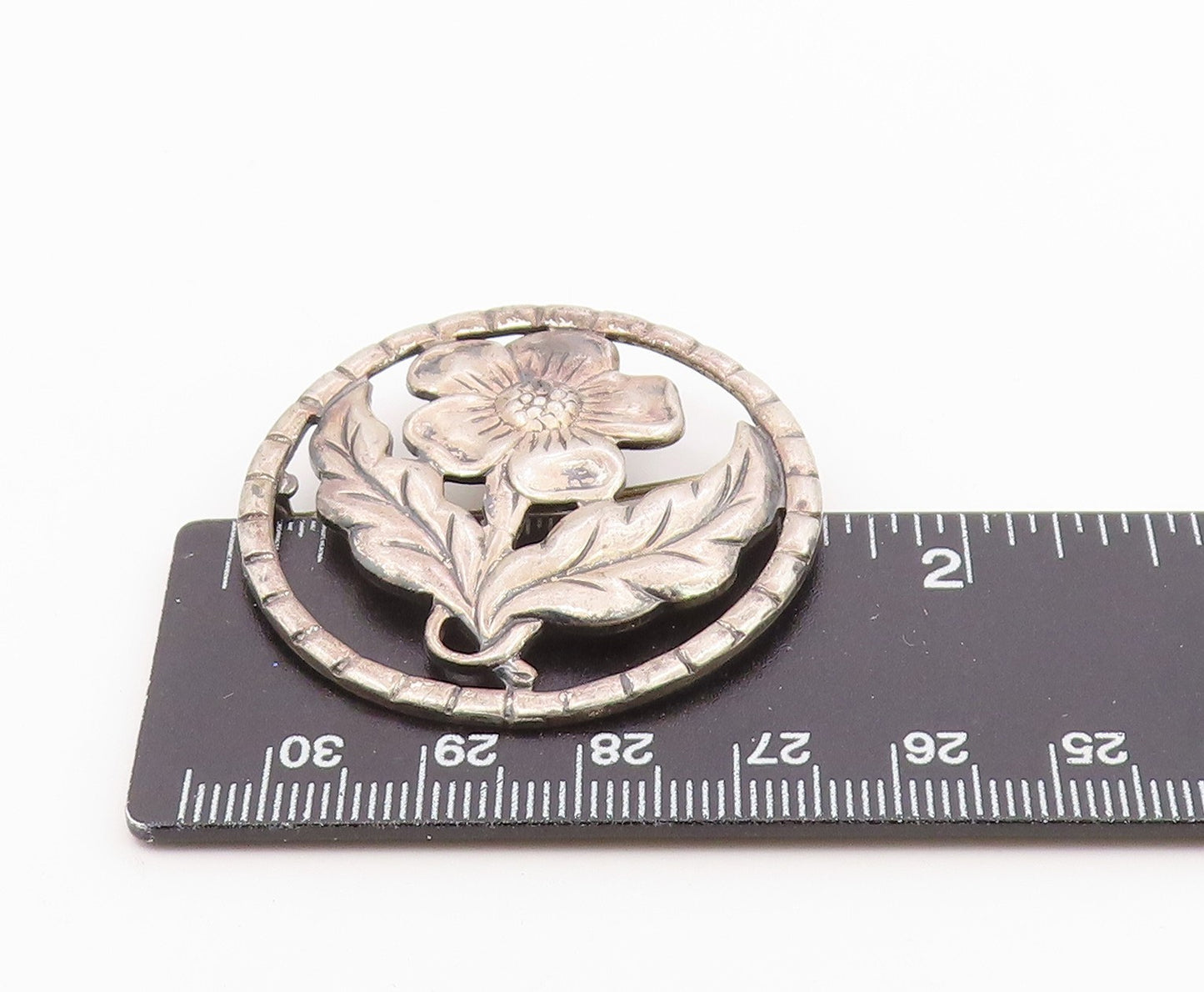 925 Sterling Silver Vintage Single Flower Motif Round Brooch Pin BP3785