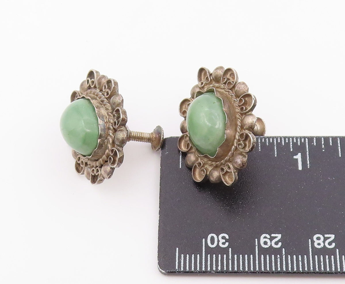 925 Sterling Silver Vintage Earrings MEXICO Cabochon Jade Screw Back EG14449