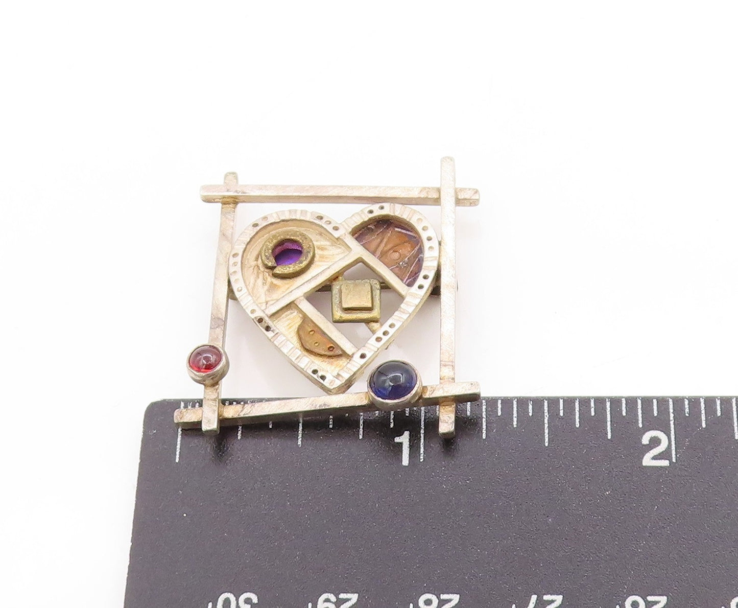 925 Sterling Silver Vintage Brooch Modernist Multi Gemstone Love Heart BP11946