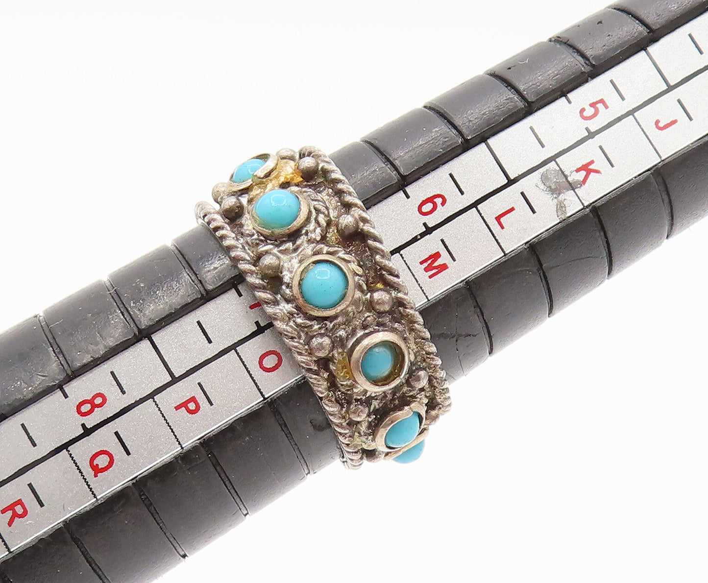 925 Silver Vintage Twisted Rope Detail & Turquoise Band Ring Sz 6.5 RG26190