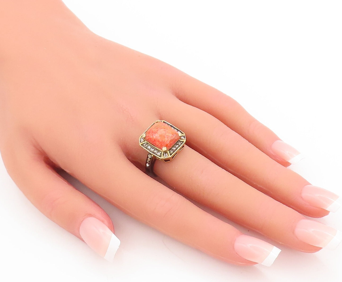 925 Sterling Silver Vintage Ring Orange Gemstone Halo Diamonds Sz 7 RG29216