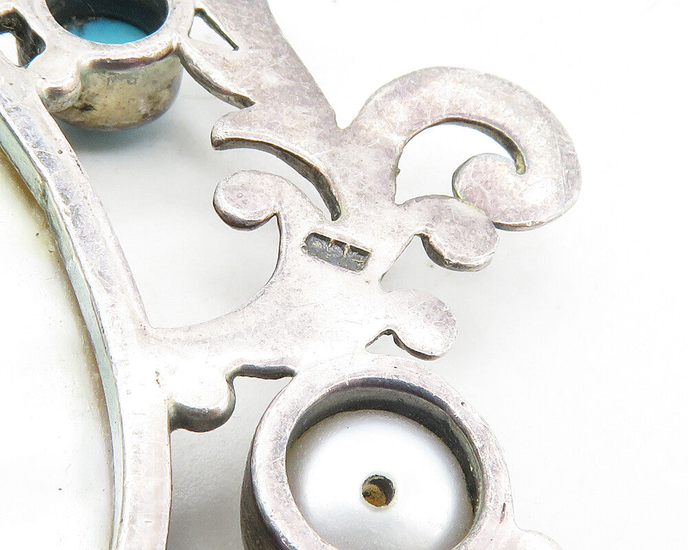 925 Silver Vintage Mother Of Pearl Turquoise Amethyst & Pearl Pendant PT7729