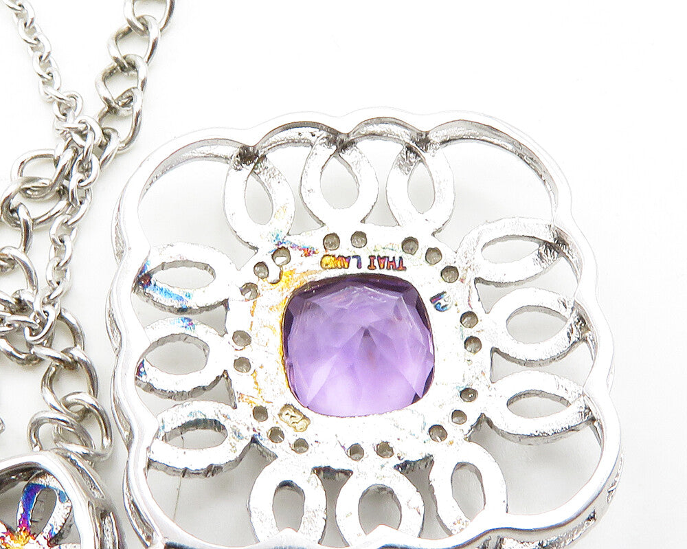 925 Sterling Silver Amethyst Floral Swirl Pendant Shiny Chain Necklace NE3157