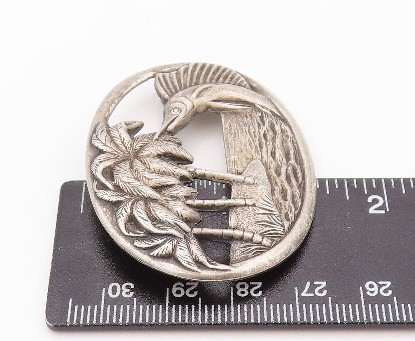 925 Sterling Silver Vintage Brooch Pin Solid Cutout Fish Beach Landscape BP11193