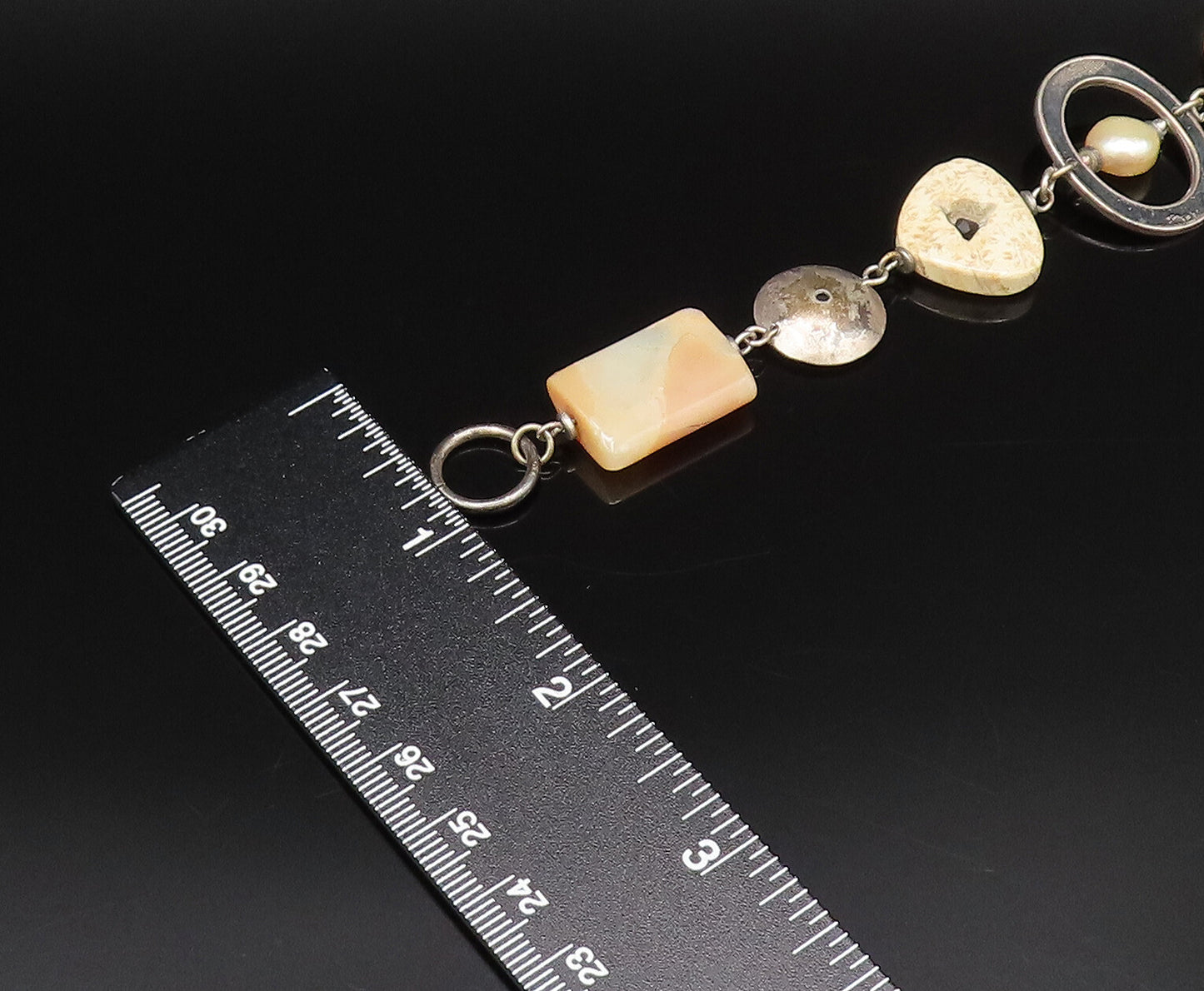 925 Silver Vintage Mother Of Pearl Black Spinel & Agate Chain Bracelet BT9675