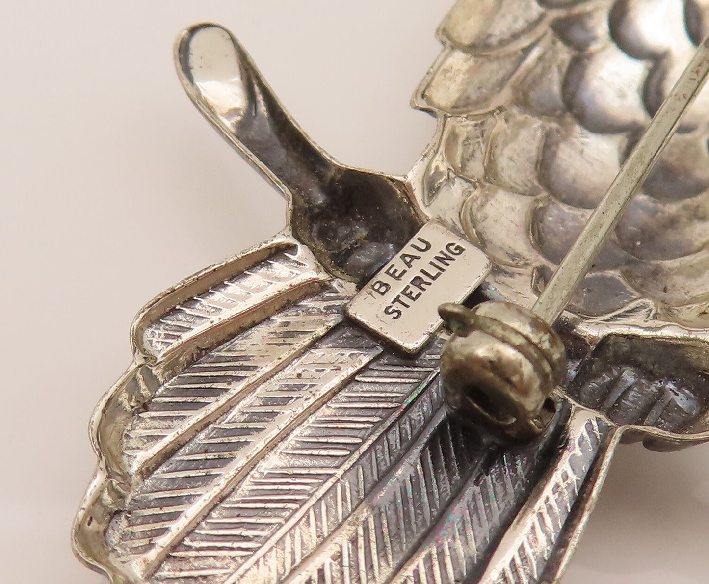 BEAU 925 Silver Vintage Carved Standing Owl On Branch Brooch Pin BP10219