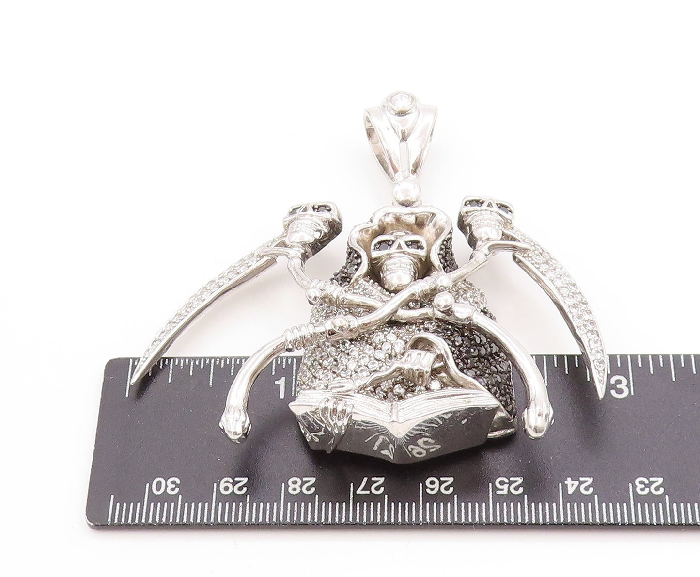 925 Sterling Silver Vintage Pendant Sparkling CZ Clustered Grim Reaper PT25079