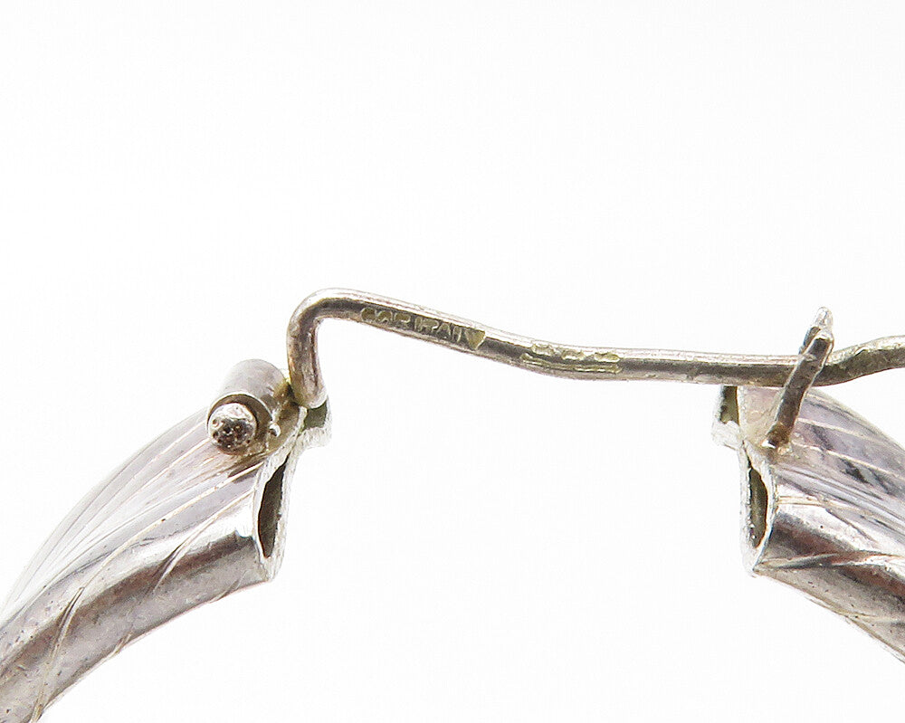 925 Sterling Silver Vintage Shiny Slanted Etched Round Hoop Earrings EG7319