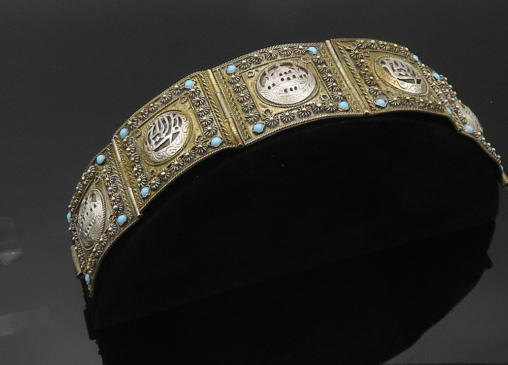 925 Sterling Silver Vintage Antique MIDDLE EAST Turquoise Chain Bracelet BT8359