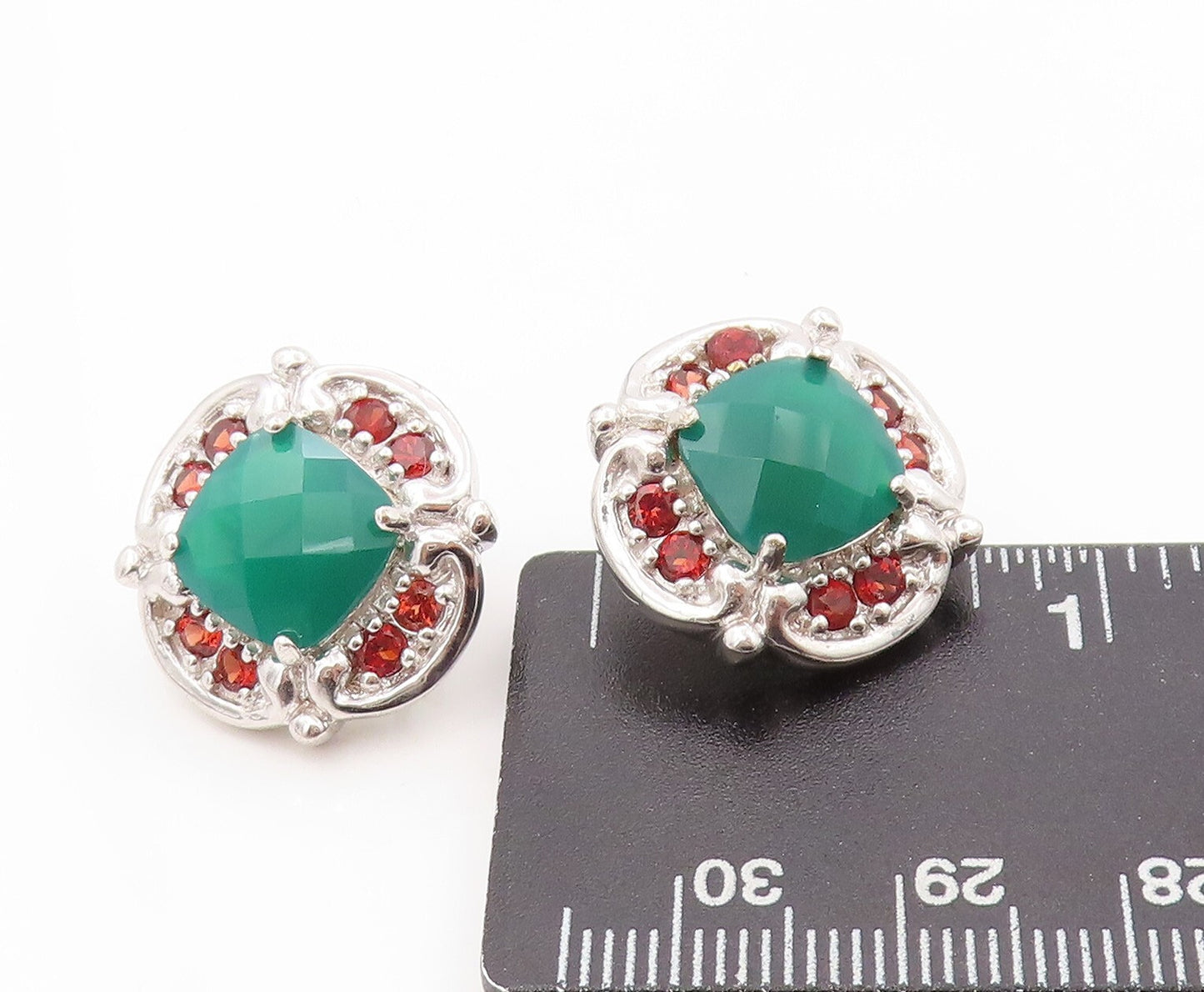 925 Sterling Silver Vintage Earrings Square Green Onyx & Garnet Flower EG13388