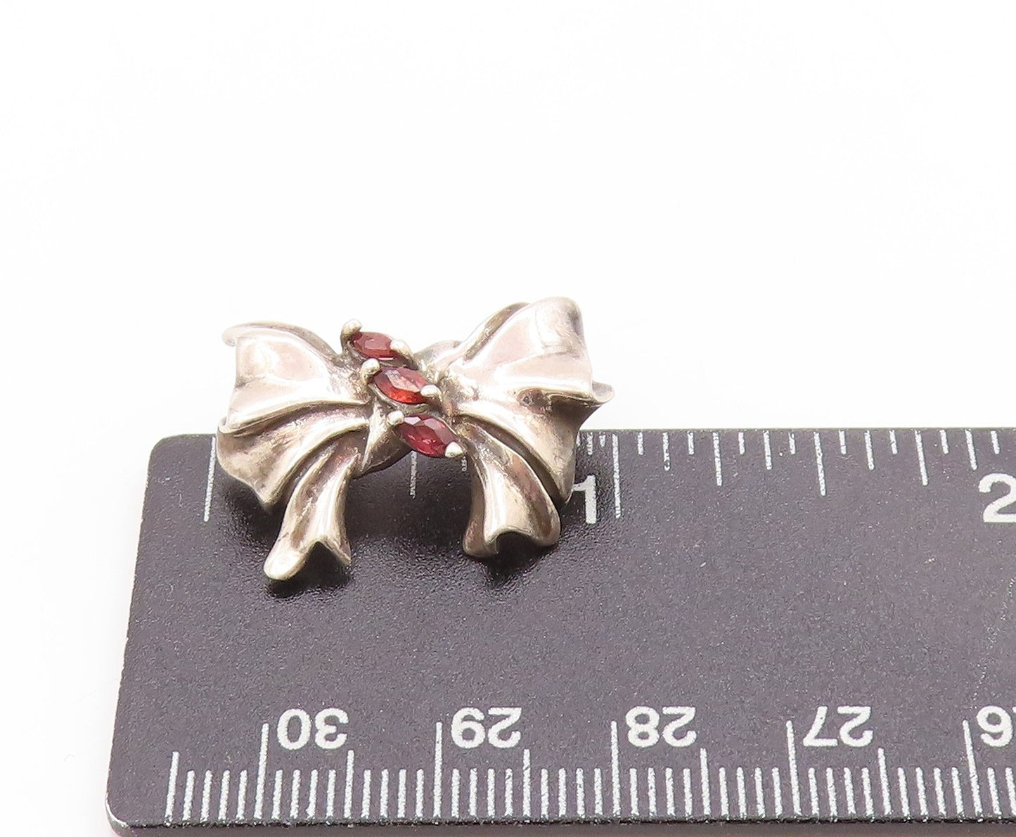 925 Sterling Silver Vintage Pendant Three Stone Garnet Ribbon Bow Charm PT25033