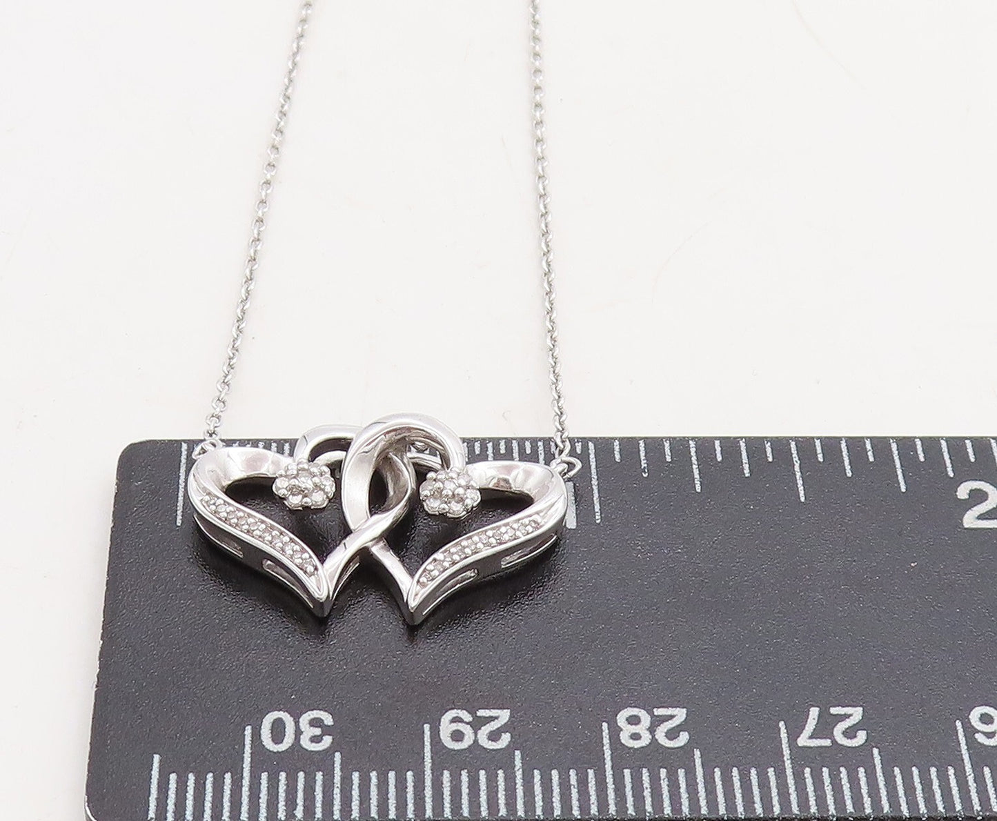 925 Sterling Silver Genuine Diamonds Double Love Heart Chain Necklace NE1372