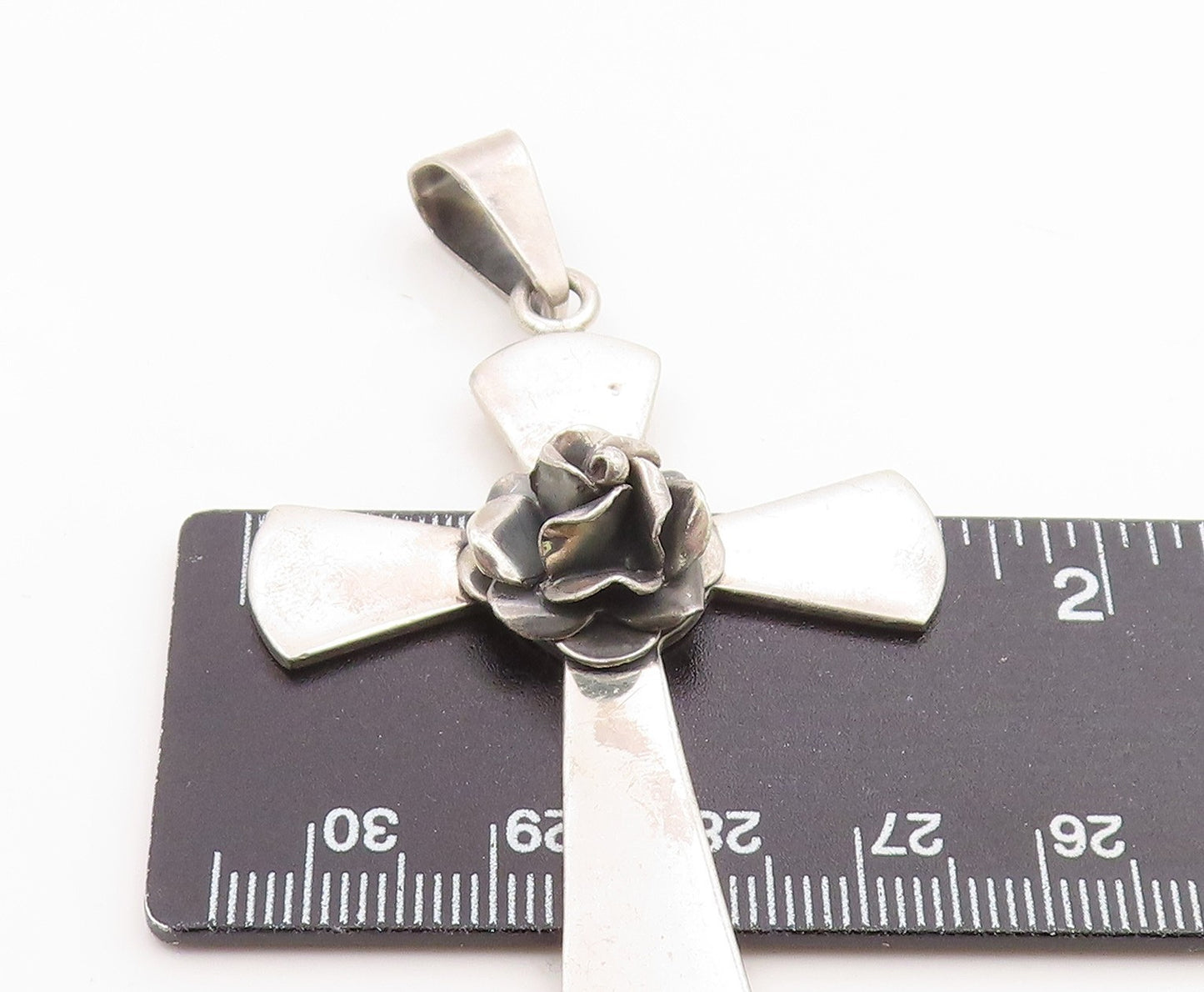 925 Sterling Silver Vintage Pendant MEXICO Carved Rose Religious Cross PT26300