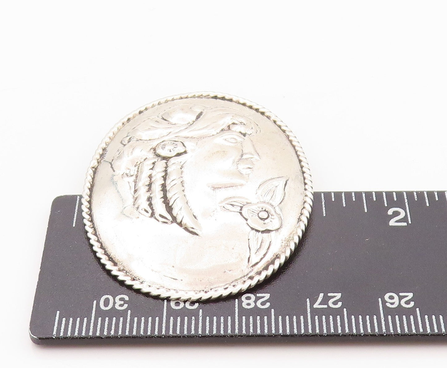925 Sterling Silver Vintage Brooch Pin Etched Royal Female Figure BP11590