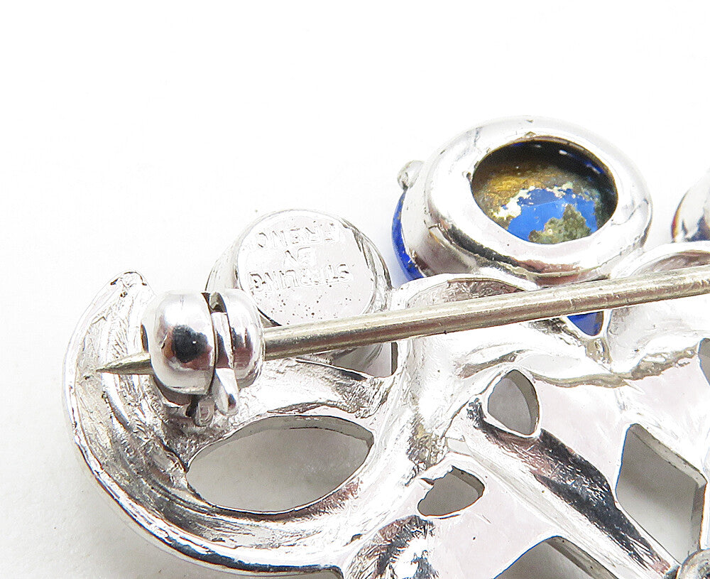 FRENCH 925 Sterling Silver Red & Blue Topaz Shiny Floral Brooch Pin BP3563
