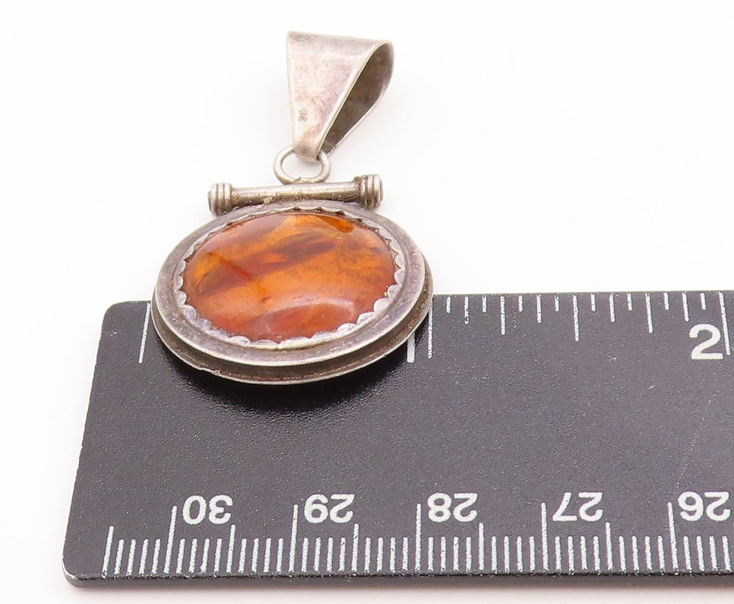 925 Sterling Silver Vintage Pendant Cabochon Honey Amber Toggle Design PT25047