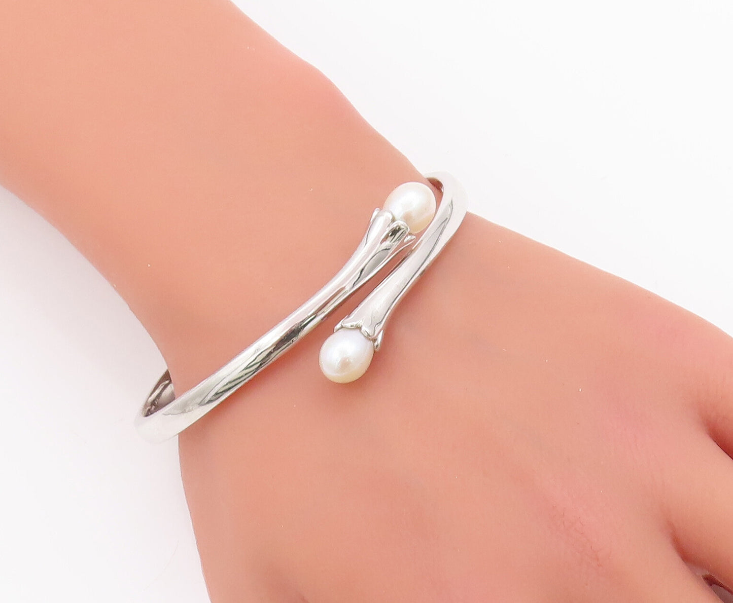925 Sterling Silver Vintage Bracelet Hinged Solid Pearls Beaded bypass BT10317