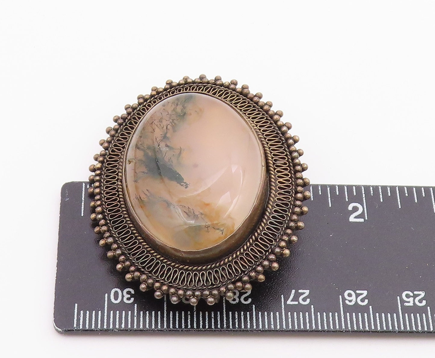 ISRAEL 925 Silver Vintage Beaded Border Oval Moss Agate Brooch Pin BP9549