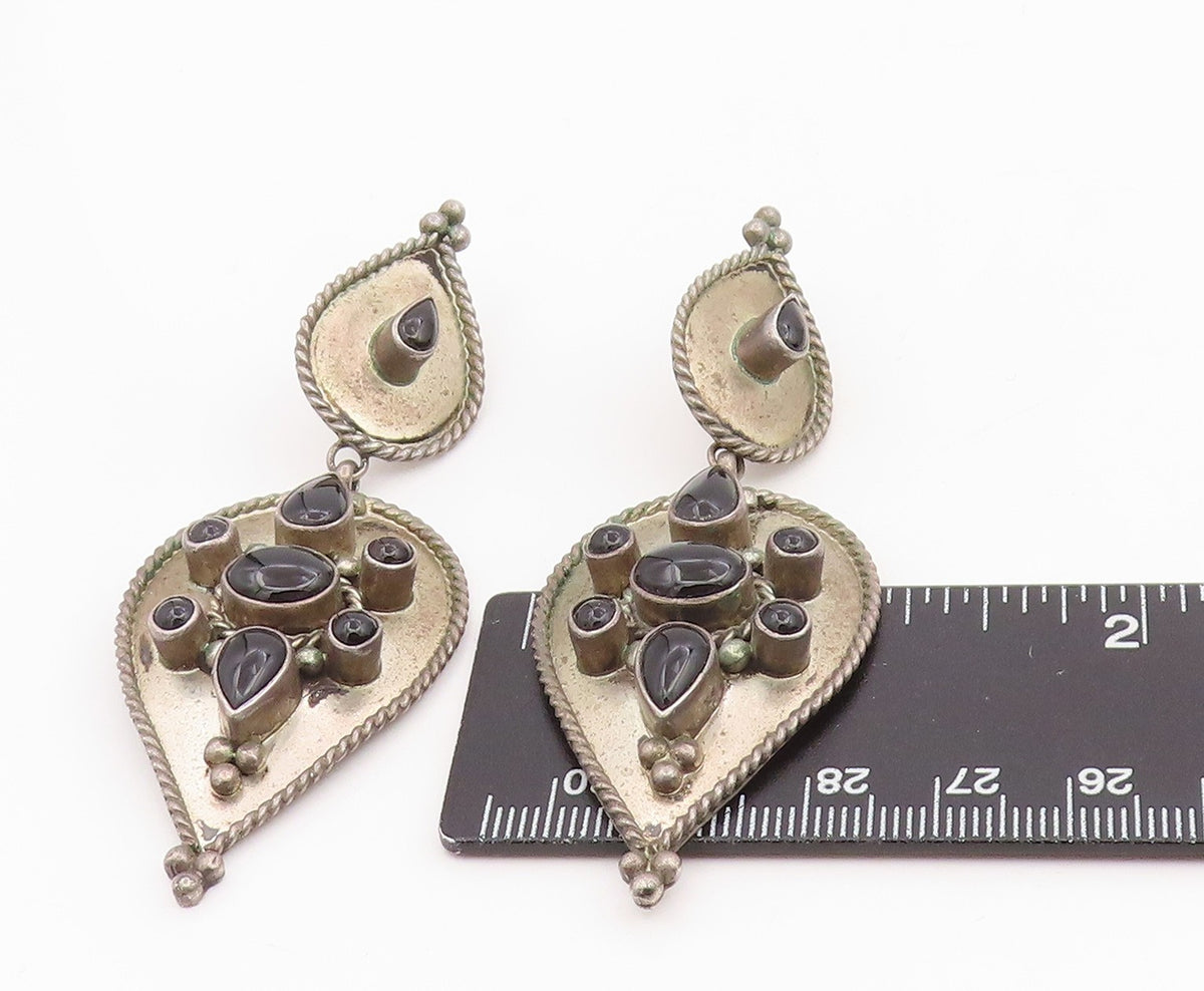 925 Sterling Silver Vintage Earrings Cabochon Onyx Floral Teardrop EG14134