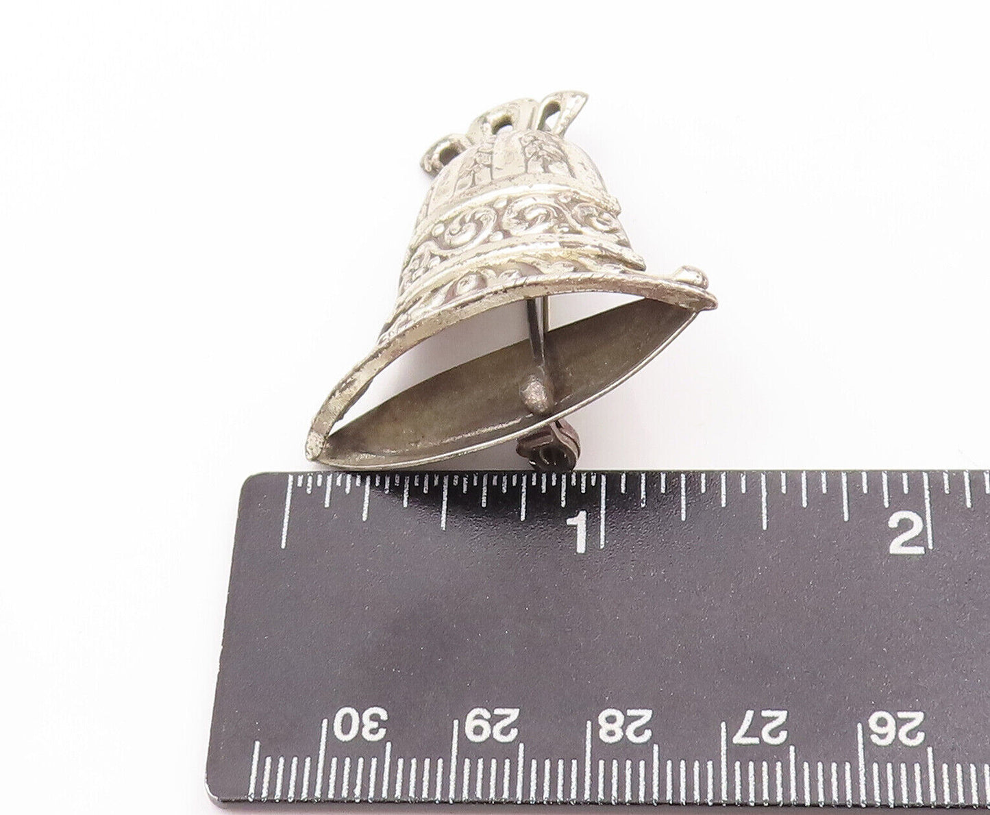 925 Sterling Silver Vintage Brooch Pin LANG Floral Swirly Carved Bell BP10916