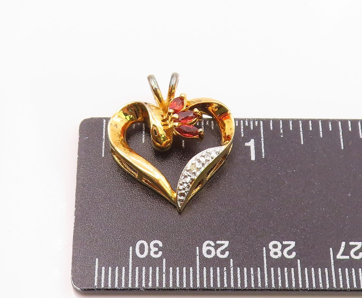 925 Sterling Silver Vintage Genuine Diamond & Garnet Heart Pendant PT16803