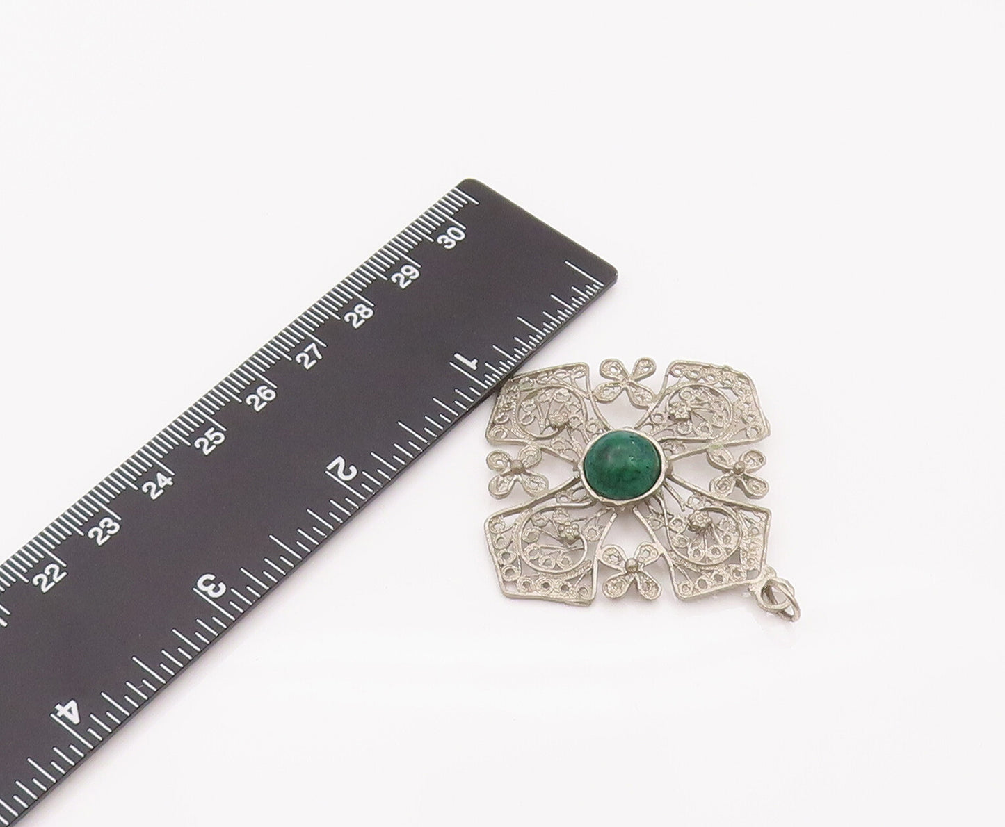 ISRAEL 925 Silver Vintage Filigree Swirl Chrysocolla Cross Pendant PT22121