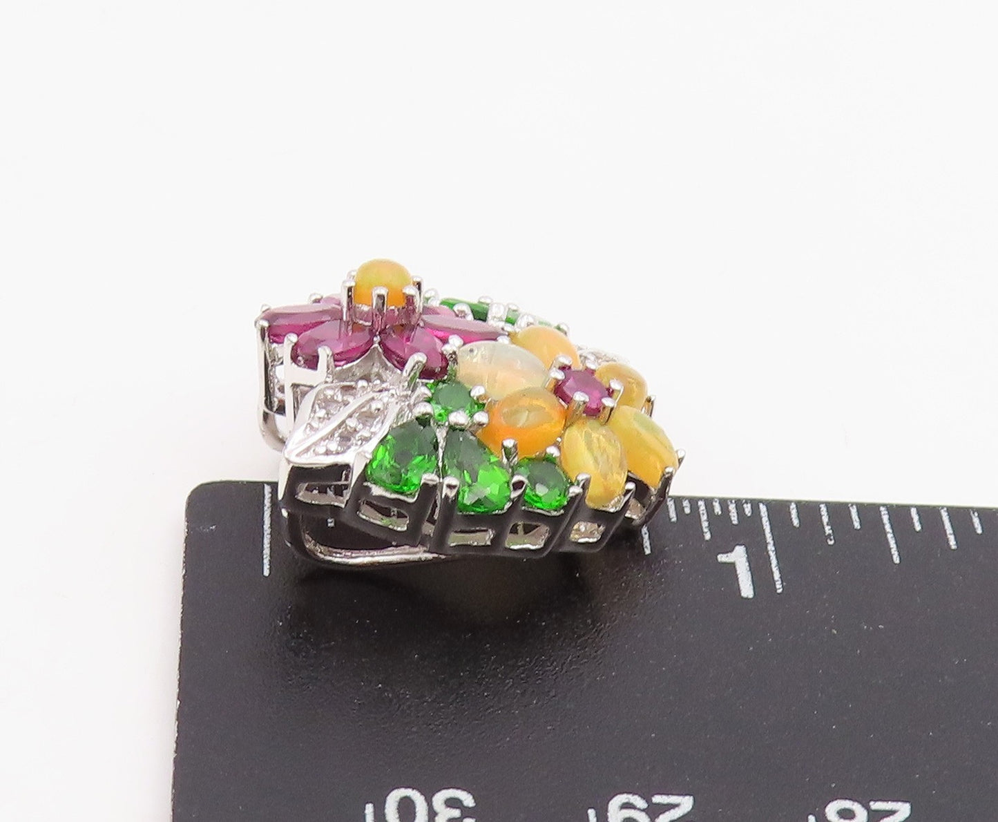 925 Sterling Silver Vintage Pendant Elegant Multi Gemstone Floral Charm PT25856