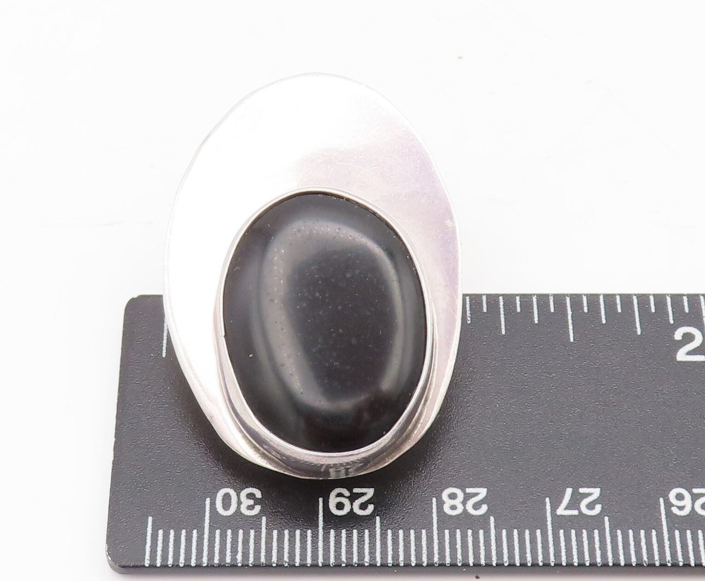 MEXICO 925 Silver Vintage Minimalist Large Oval Onyx Clip Earrings EG12651