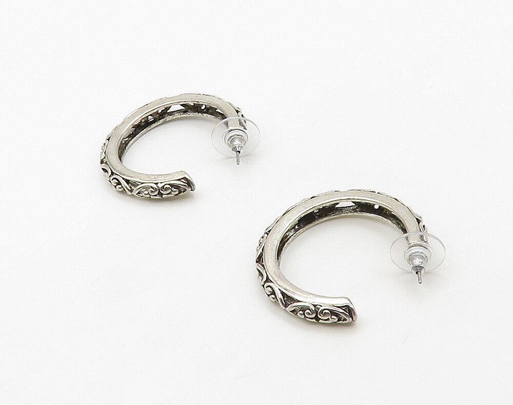 925 Sterling Silver Vintage Shiny Love Heart Pattern JHoop Earrings EG8265