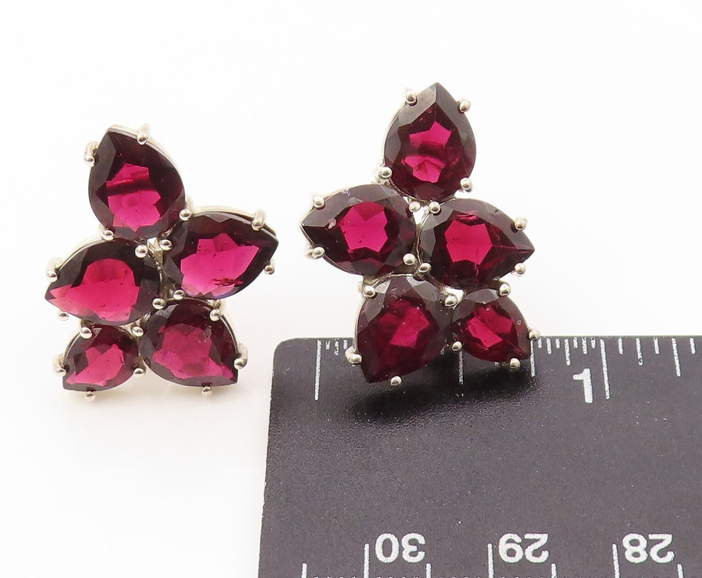 925 Sterling Silver Vintage Earrings Multi Drop Cut Garnet Clip on EG13399