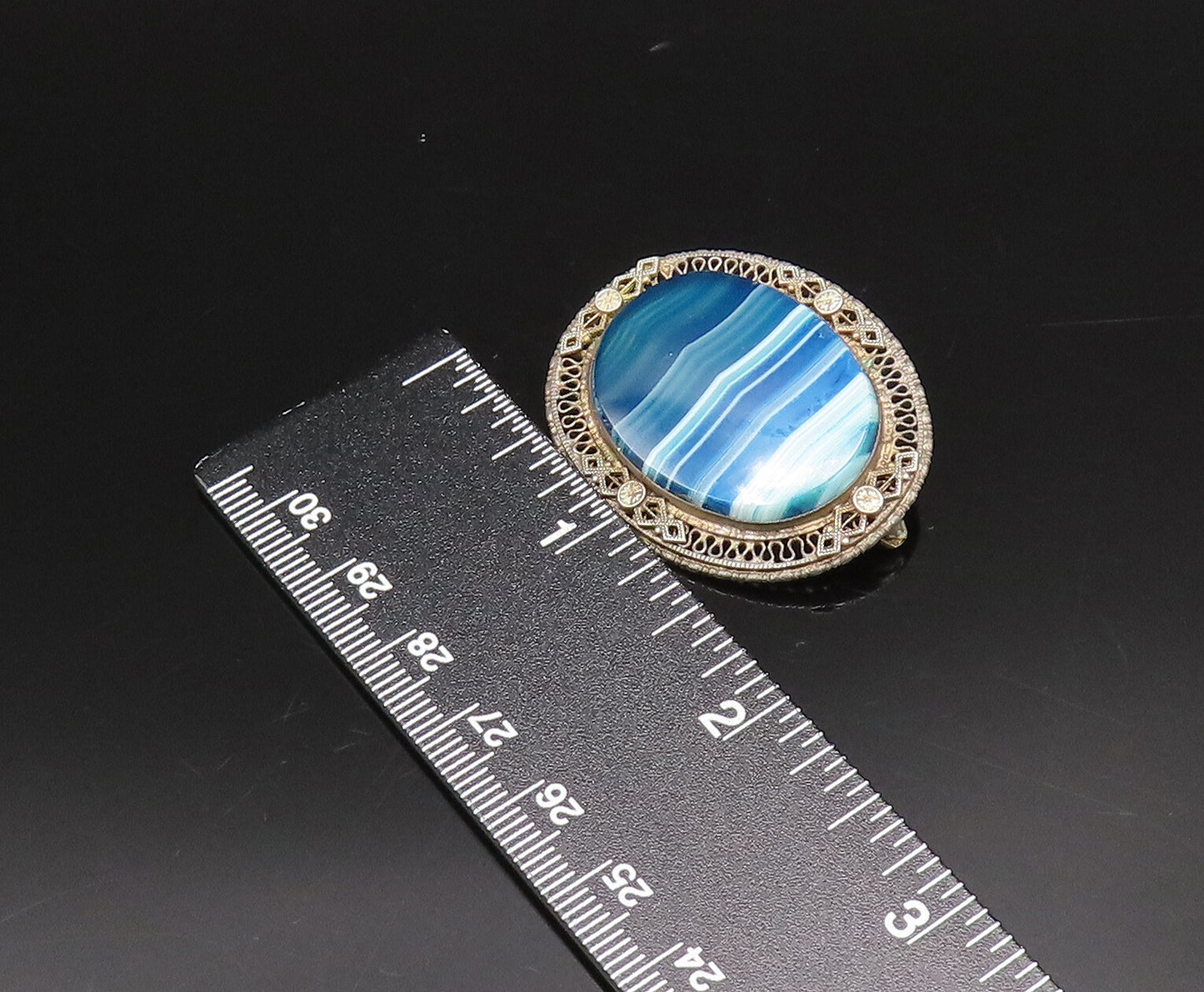 EUROPEAN 925 Silver Vintage Blue Agate & Swirl Border Brooch Pin BP10024