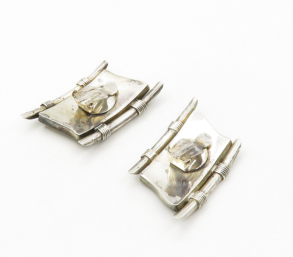 925 Sterling Silver Vintage Roman Glass Modernist Non Pierce Earrings EG7662