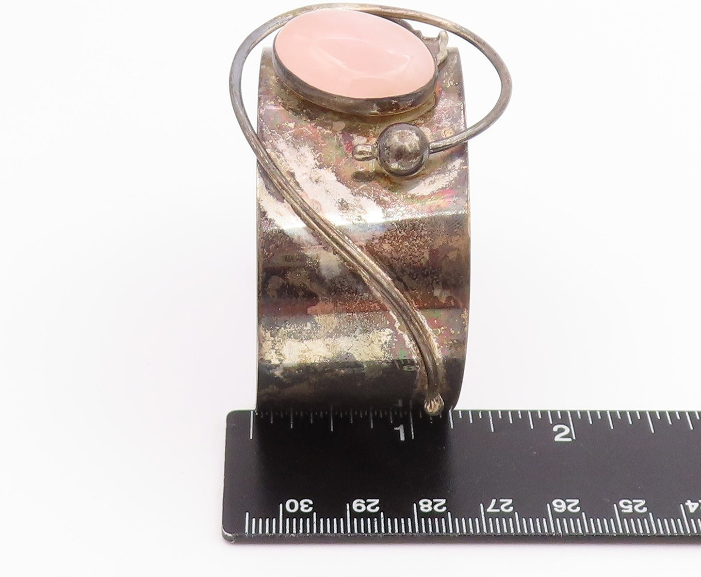 925 Sterling Silver Vintage Bracelet Cabochon Rose Quartz Wide Cuff BT11975